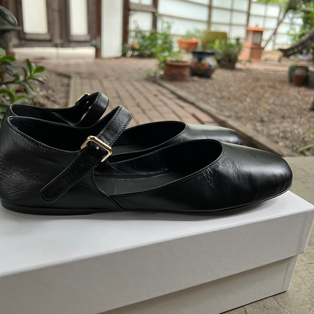 Black Leather Flats with Strap and Buckle